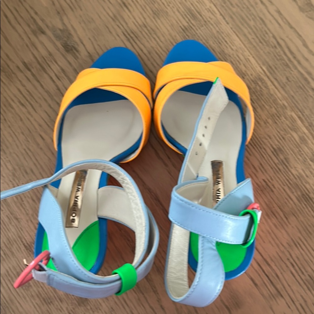 Sophia Webster Blue and Yellow Sandals with Vibrant Design